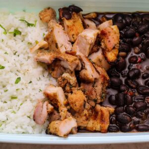 Organic chicken thighs, cilantro lime rice, and black beans