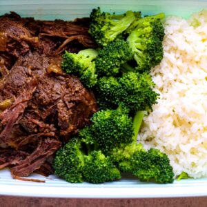 Pasture raised shredded beef, fresh broccoli, and white rice