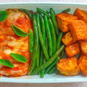 Chicken parmesan, fresh greens beans and roasted sweet potatoes