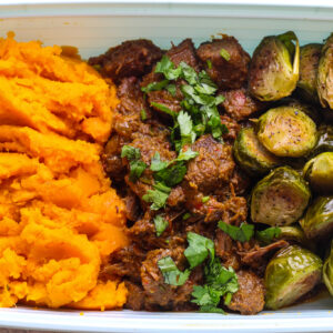 Beef Stew, Mashed Sweet Potato, and Brussel Sprouts