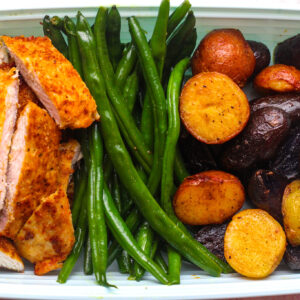 Pan-seared chicken breast, green beans. and mini roasted potatoes